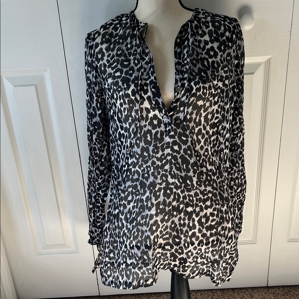 Joie Black and White Silk Blend Leopard Print Blouse